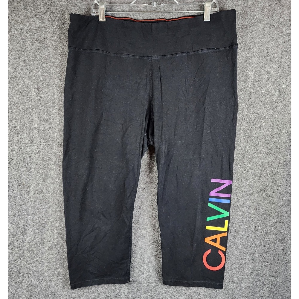 Calvin Klein Leggings Womens 3X Performance Black Rainbow Logo Crop Stretch EUC